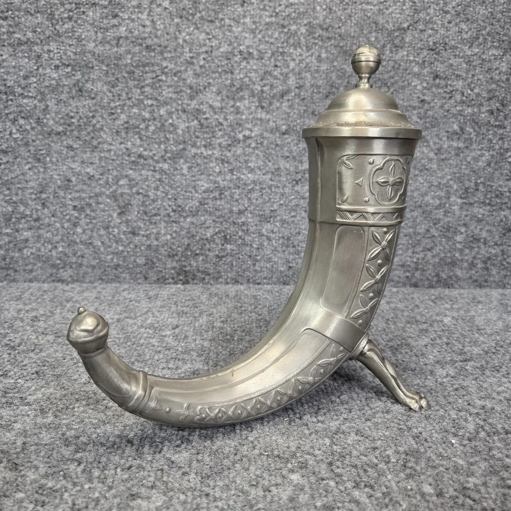 Vintage Aksel Holmsen Pewter Viking Drinking Horn with Lid Made in Norway 1930's